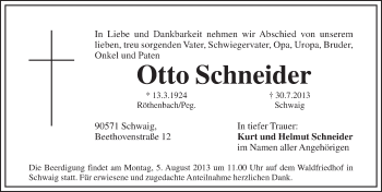 Traueranzeige von Otto Schneider von Pegnitz-Zeitung